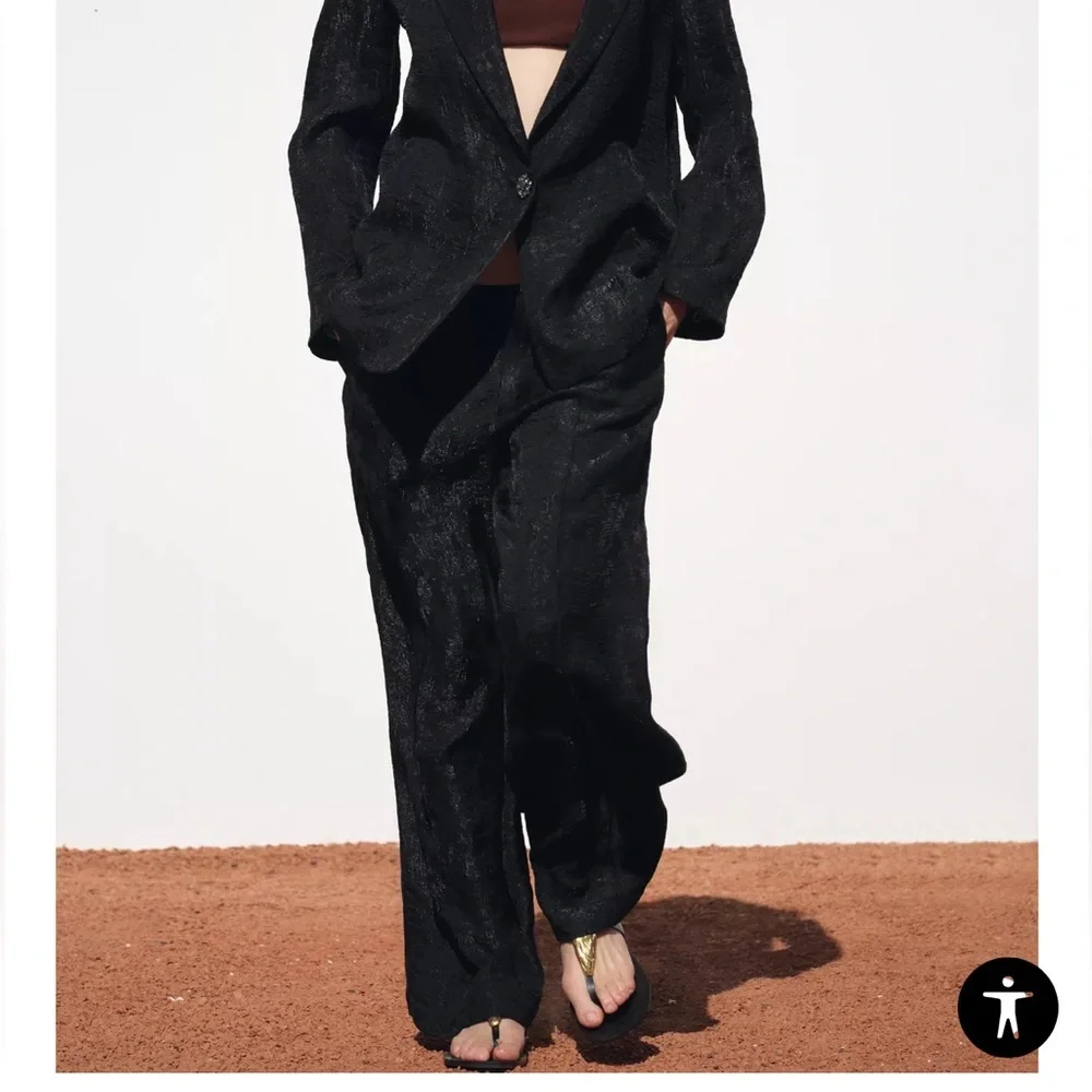 ZARA Wrinkled Effect Organza Pants Wide Leg Pull On Black Women L 7484/399 - Picture 2 of 8